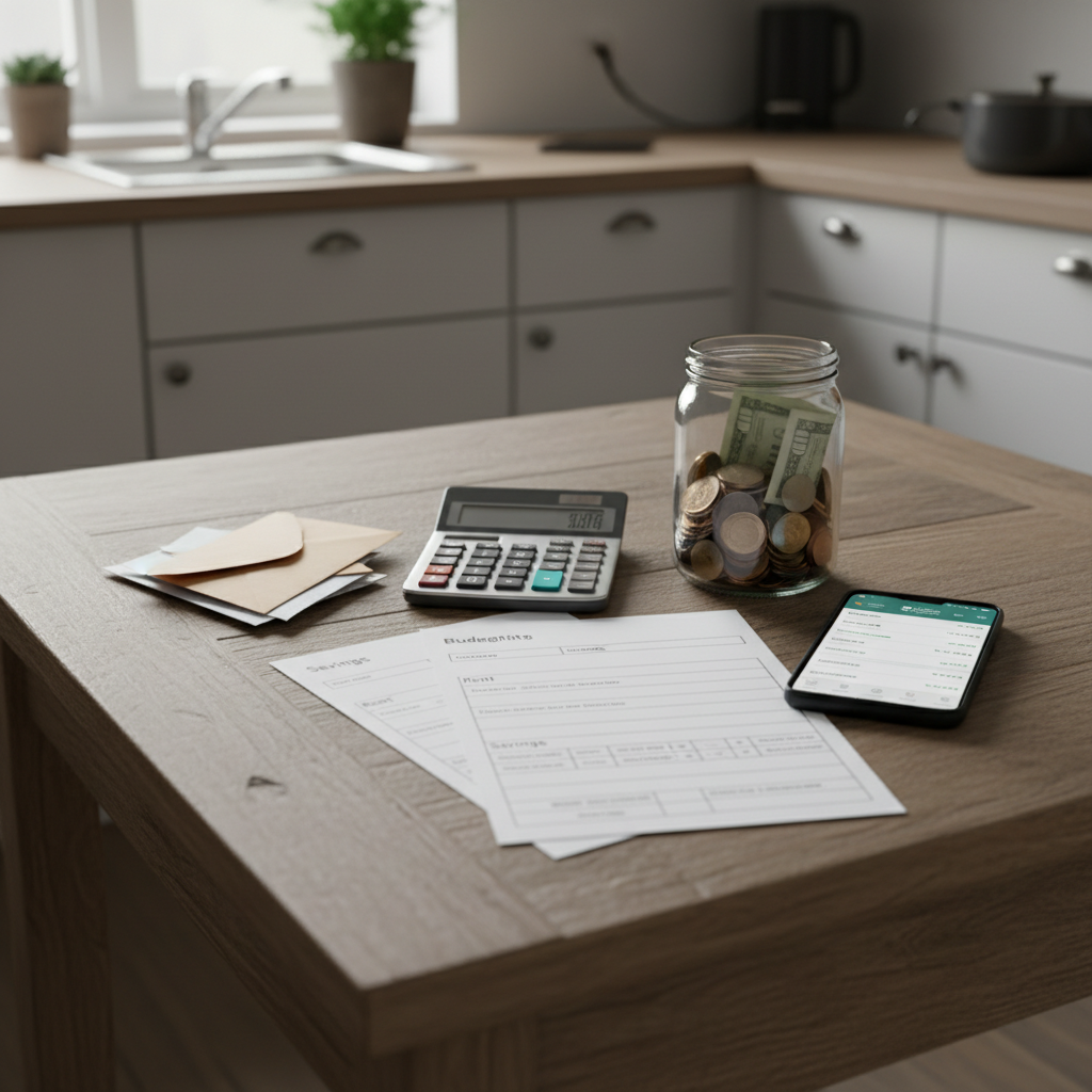 A sturdy wooden kitchen table with a slightly worn but clean surface, holding a modest bundle of unopened mail, a simple calculator, and a neatly stacked set of printed budgeting worksheets labeled “Rent,” “Utilities,” and “Savings.” A glass jar half-filled with coins and a few crisp bills sits nearby, next to a basic smartphone displaying a banking app interface. Soft, diffused overcast daylight comes from the side, creating even, natural lighting with gentle shadows. The scene is photographed from a slightly elevated angle in realistic photographic style, with sharp focus on the worksheets and jar while the background of a small, tidy kitchenette fades softly. The mood is practical and reassuring, suggesting financial literacy, planning, and gradual progress toward independence for youth building their own stability.