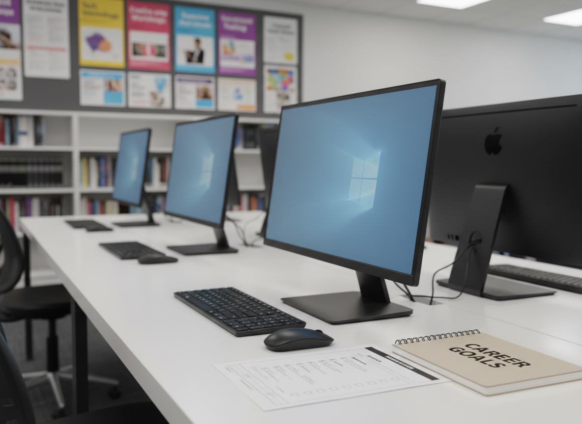 A modern computer lab setup with a row of slim, matte-finish desktop monitors on a clean white table, each accompanied by a simple black keyboard and mouse neatly aligned. Beside one workstation sits a closed spiral notebook labeled “Career Goals” and a printed checklist with headings like “Resume,” “Interview Practice,” and “Applications.” The background shows blurred shelves holding reference books and a bulletin board filled with organized, color-coded job and training flyers, all out of focus. Bright but soft overhead lighting provides even illumination without harsh glare, enhancing the professional atmosphere. Shot from a slightly low, three-quarter angle in crisp photographic realism, the closest workstation is in sharp focus while the others recede into a subtle blur, conveying access to education, job preparation, and structured opportunity for young adults planning their next step.