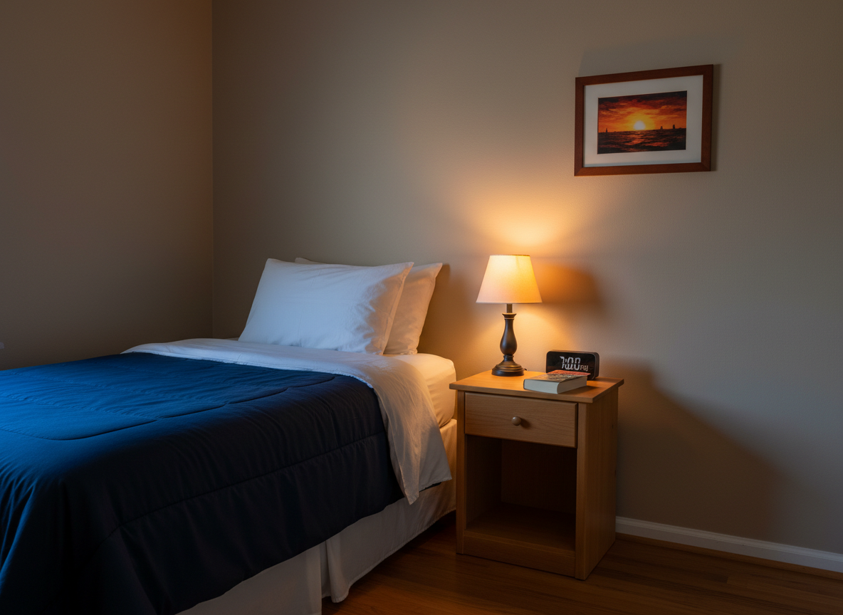 A simple, well-kept bedroom corner featuring a neatly made twin bed with a solid navy comforter and crisp white sheets, a compact wooden nightstand, and a single small framed print of an abstract sunrise in warm colors hanging on a neutral wall. On the nightstand rest a digital alarm clock, a library book, and a basic lamp with a soft fabric shade casting a warm, comforting glow. The rest of the room is lit by low, ambient evening light, creating gentle contrast and soft, elongated shadows. Captured at eye level in photographic realism, the composition uses the rule of thirds, with the bed leading the eye to the artwork. The mood is safe, grounded, and quietly optimistic, evoking supportive housing and a stable place for young adults to rest and reset.